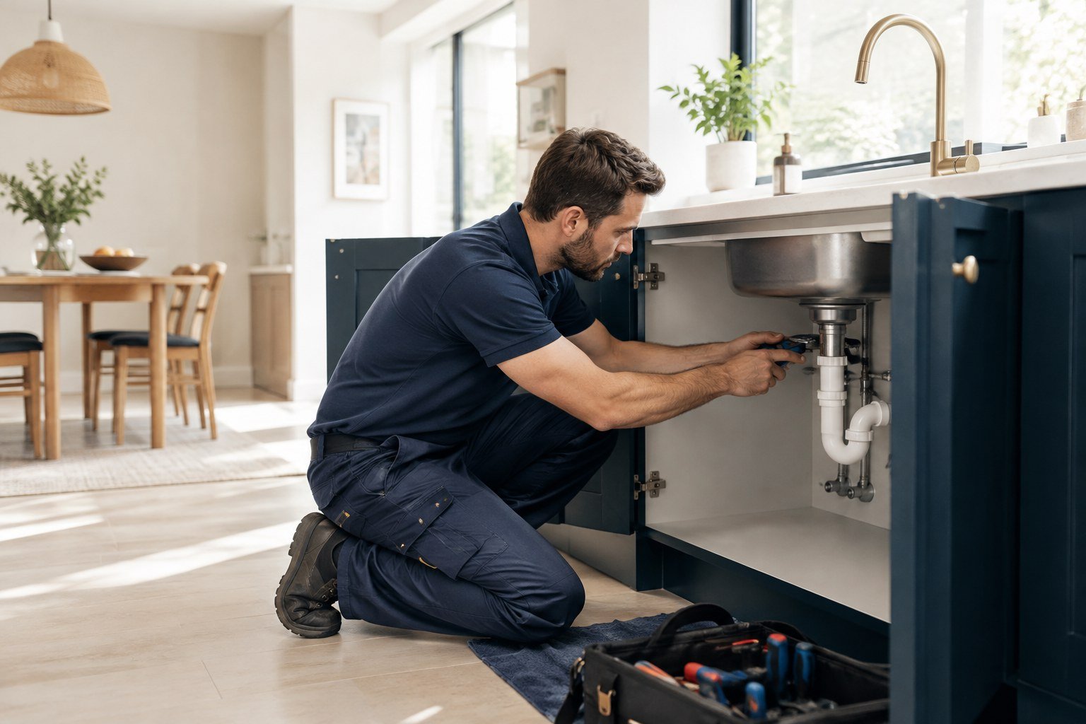 Professional plumber repairing kitchen sink plumbing