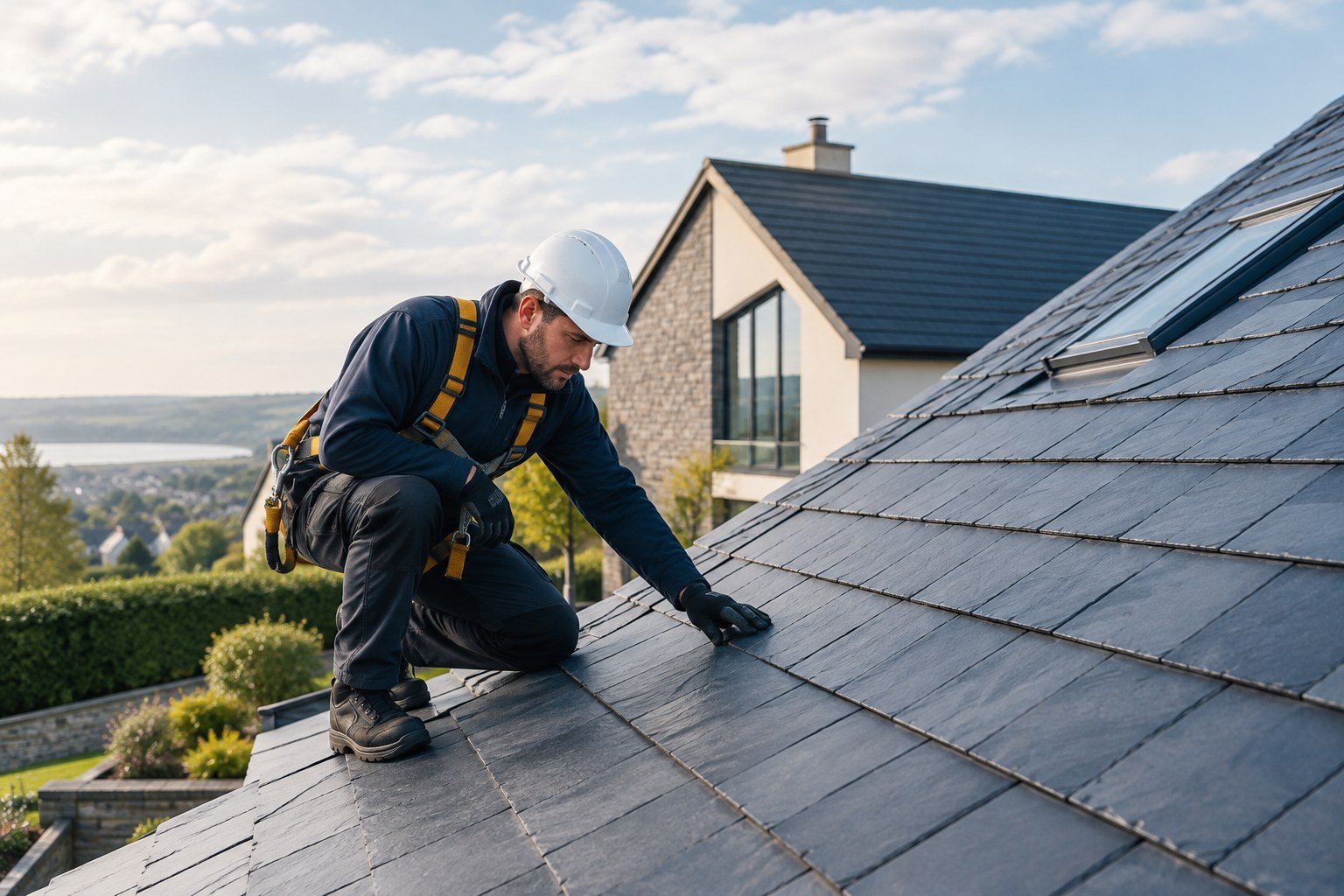 Professional roofer inspecting a residential roof